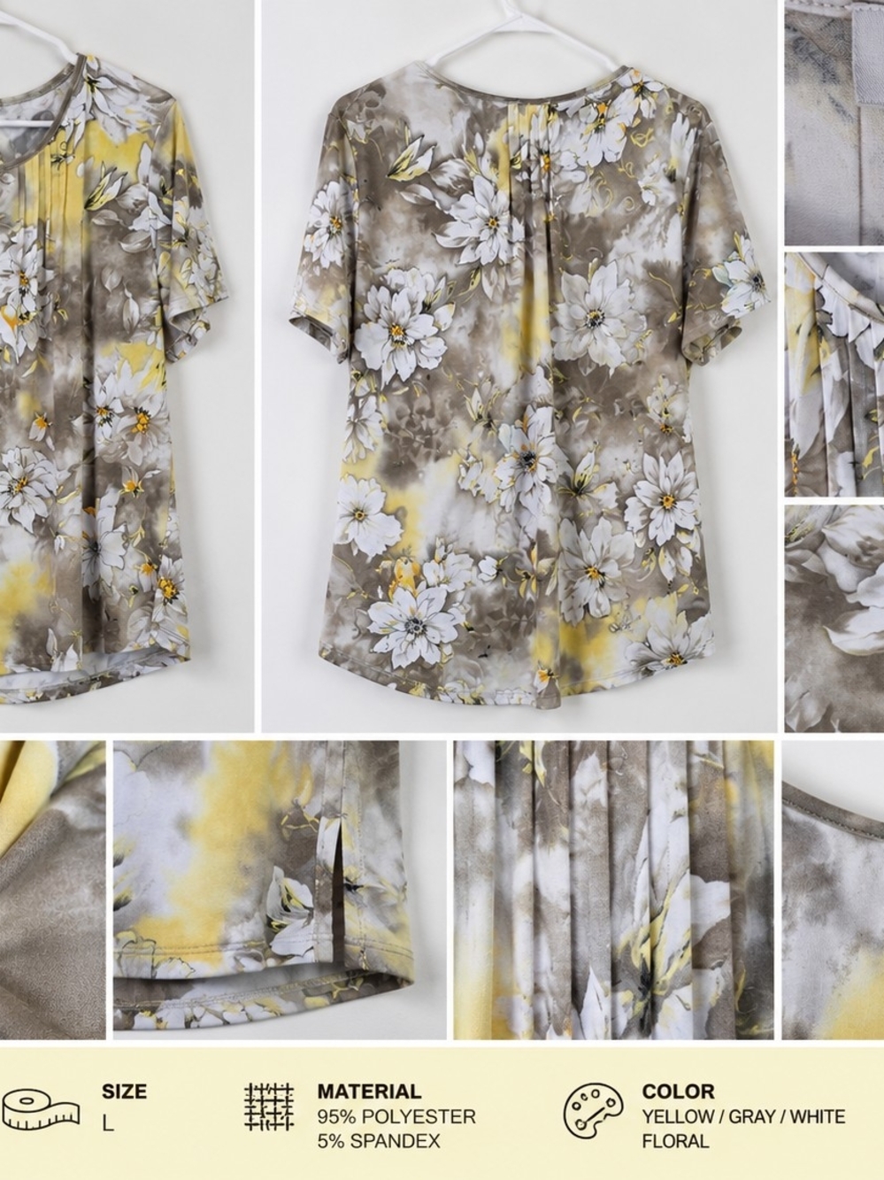 Nikki Women's Yellow Gray Floral Short Sleeve Pleated Blouse Top Size L